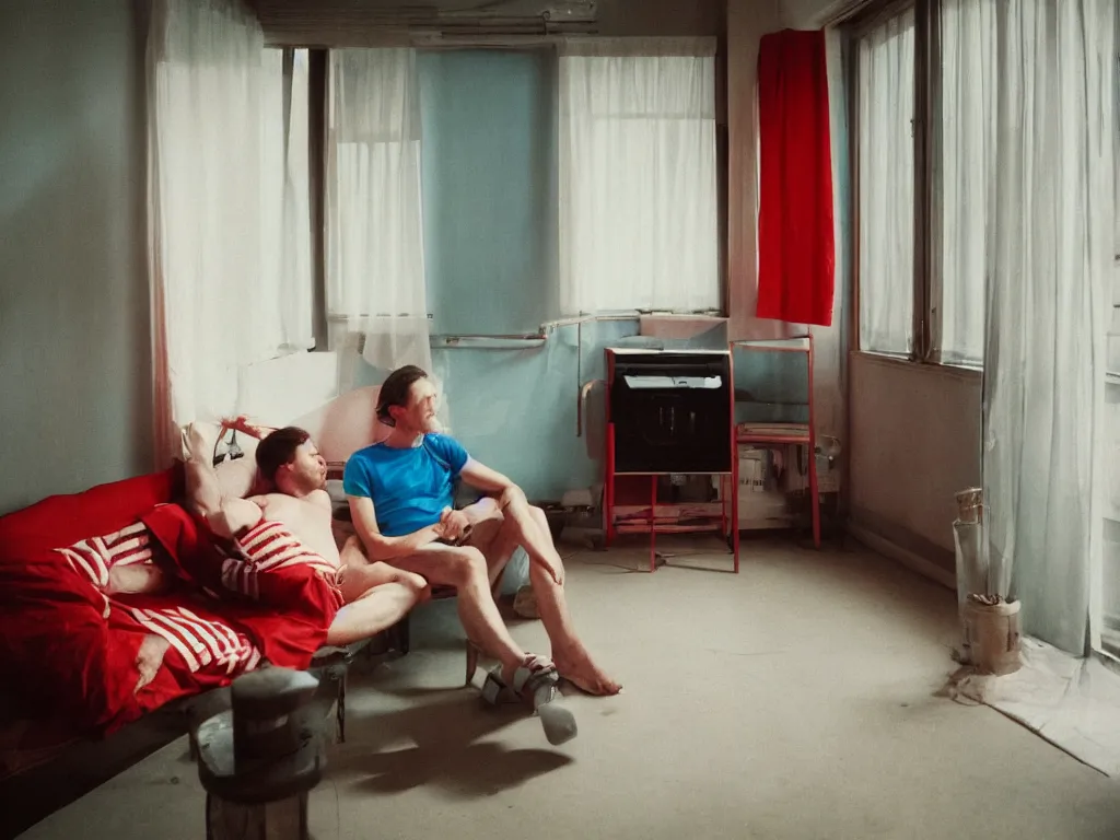 Image similar to single man sitting by the window, smoking a cigarette, blue shorts, red adidas shirt, bedroom, small fan, night, dimly lit, in the style of wes anderson, no double figure