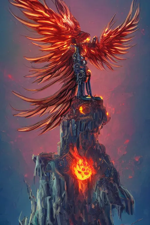 Prompt: Mechanical Cyborg Phoenix Perched on a Burning Spruce Tree, illustration, digital painting, professional art, detailed, celshaded