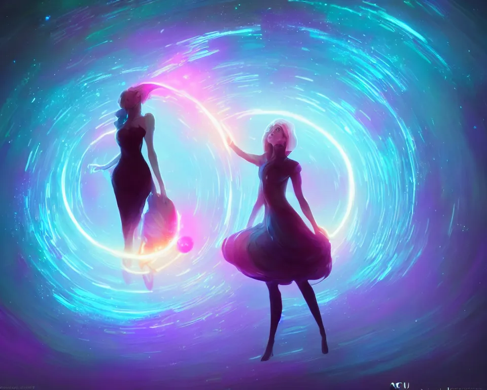 Image similar to a beautiful whimsical woman standing under a multi-colored binary blackhole with an accretion disc, casting magic, glowing trails following her arms, digital art, by Lois van Baarle, by Greg Rutkowski, by artgerm, by beeple, cinematic angle, volumetric lighting, 4k resolution, octane render, trending on artstation, masterpiece