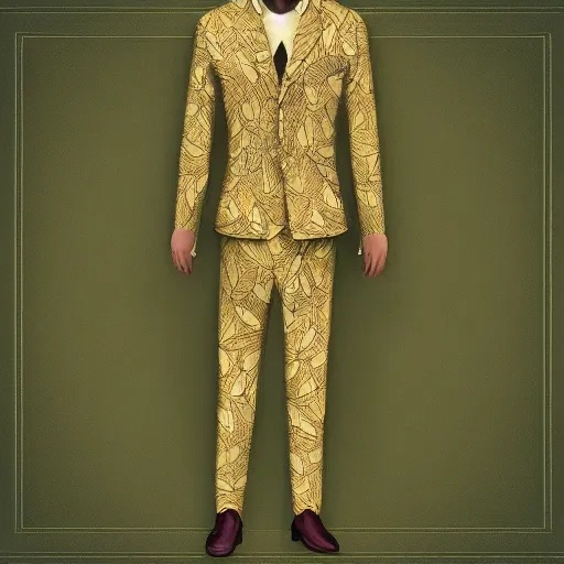 Prompt: Fancy suit made of leaves, displayed, product photo, digital art, trending on artstation