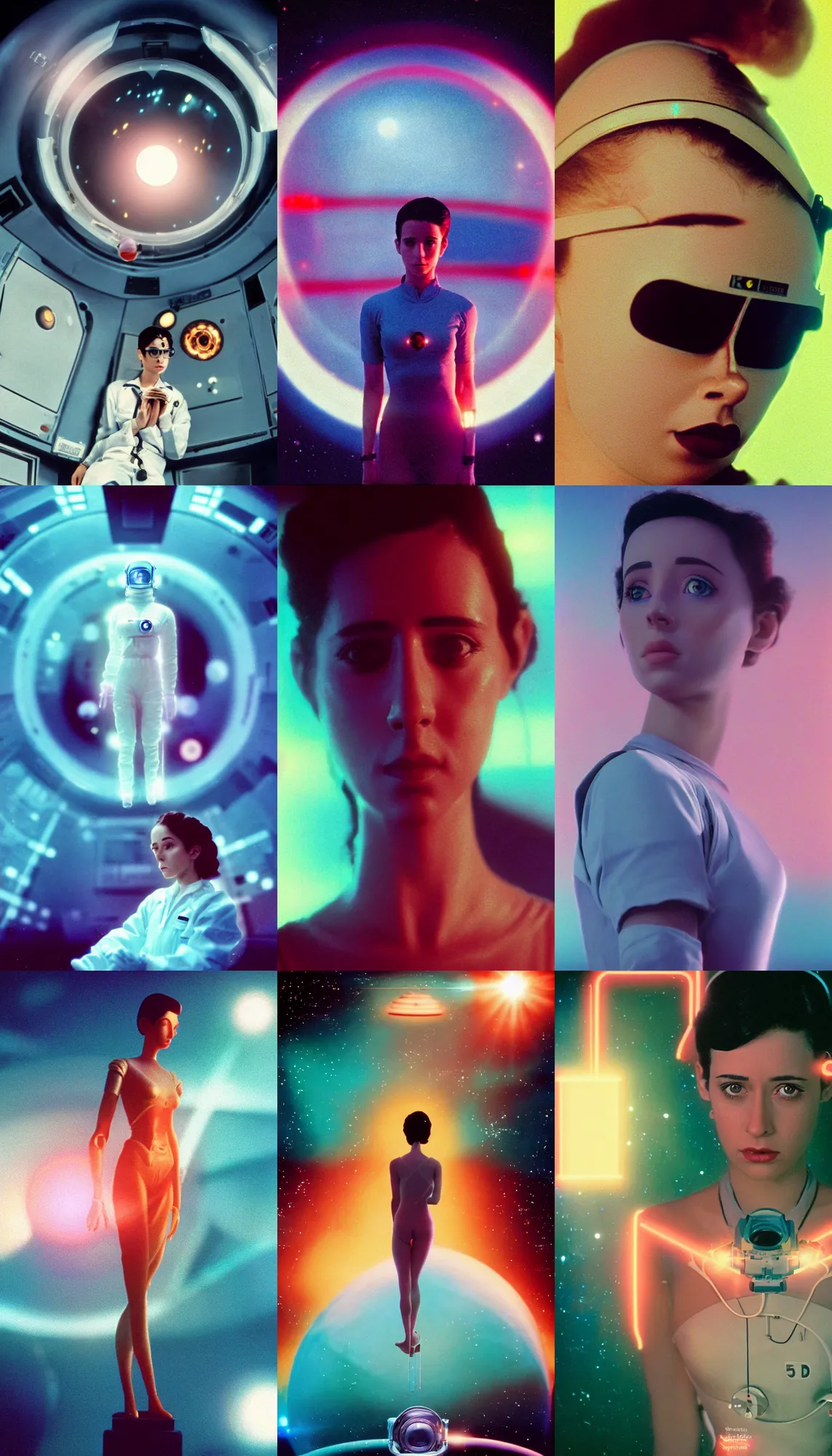 Prompt: Cinestill 50d, 8K, 35mm,J.J Abrams flare; beautiful ultra realistic vaporwave minimalistic pointé posed shri yantra pilot in space(1950) film still medical lab scene, 2000s frontiers in blade runner retrofuturism fashion magazine September hyperrealism holly herndon edition, highly detailed, extreme closeup three-quarter pointé posed model portrait, tilt shift background, three point perspective: focus on anti-g flight suit;pointé pose;open mouth,terrified, eye contact, soft lighting