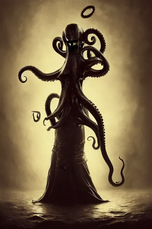 Prompt: wet plate photograph of an anthropomorphic octopus dressed in a victorian - era ballgown, dramatic lighting, highly detailed, digital painting, artstation, concept art, smooth, sharp focus, illustration, art by wlop, mars ravelo and greg rutkowski
