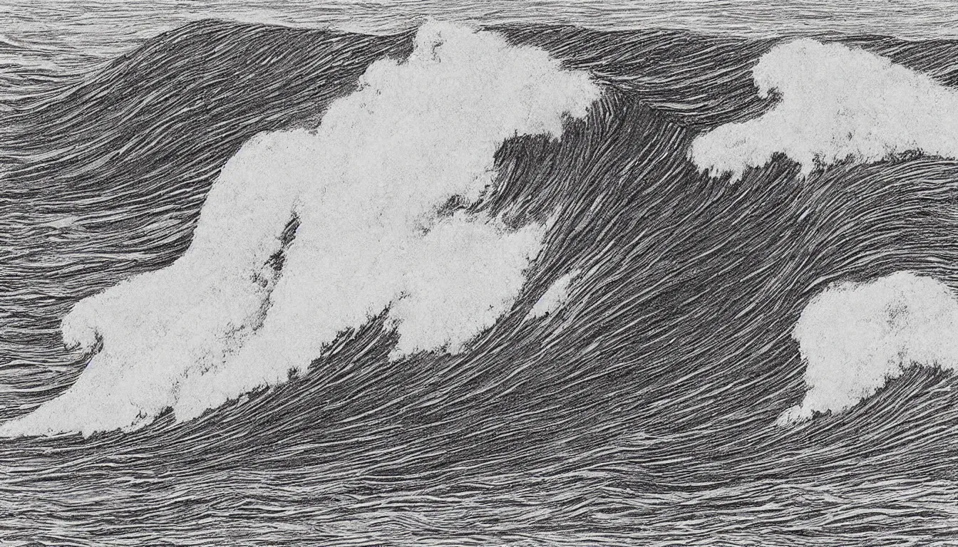 Image similar to huge waves far out at sea drawing by Moebius, minimalist, detailed, black and white drawing