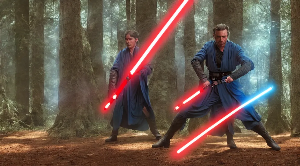 Prompt: Jedi master blue lightsaber vs fighting sith red lightsabers, forest background, Canon, 100mm, octane render, photorealistic, detailed, cinematic, 8k no blur, volumetric lightning