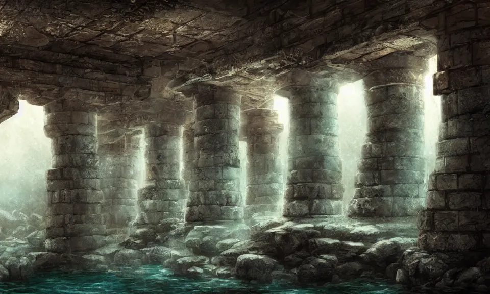 Image similar to underwater ancient greek temple, digital art, concept art, fantasy art, highly detailed, hd wallpaper, hdr, artstation, deviantart, behance