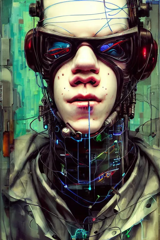 Prompt: cameron monaghan as a cyberpunk hacker, wires cybernetic implants, by adrian ghenie, esao andrews, jenny saville, james jean, dark art