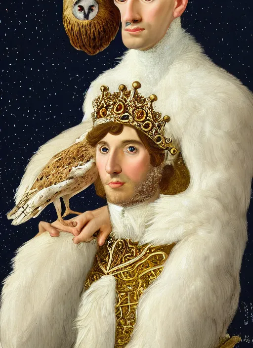 Image similar to close-up portrait of anthropomorphic Prince with a head of barn owl, in a crown, bokeh, blurred space, stars, dreamy, romantic, painting in the museum, highly detailed, sharp focus, digital painting, artwork, by John James Audubon by Victor Adame Minguez by Yuumei by Tom Lovell by Sandro Botticelli