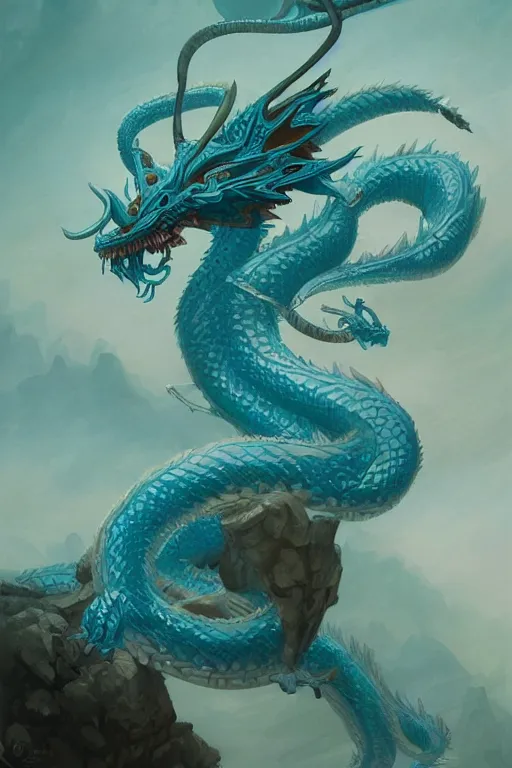 Image similar to cyan chinese dragon - snake - deer hybrid fantasy, intricate, elegant, highly detailed, digital painting, artstation, concept art, matte, sharp focus, illustration by peter mohrbacher greg rutkowski john howe zhang yu