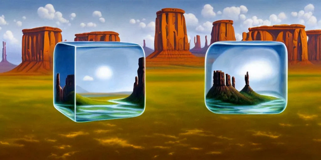 Image similar to hyperrealist painting of a cube inside a giant transparent bubble from howl's moving castle ( 2 0 0 4 ) in a flooded monument valley stonehenge jungle. skinny grey scientist. moody, misty, depth perception.