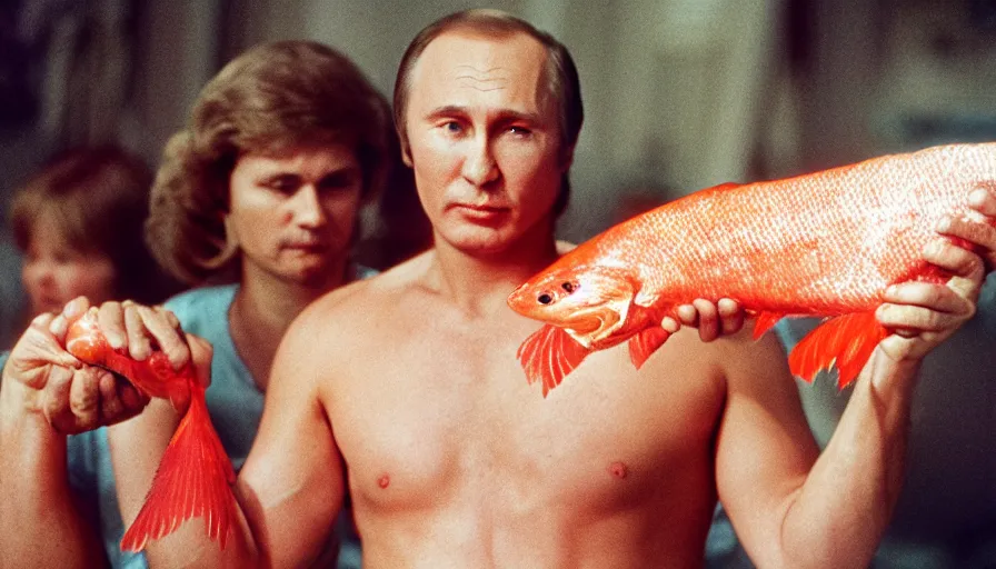 Image similar to 7 0 s movie still of putin in speedo, proudly holding a salmon, focus on eyes. cinestill 8 0 0 t _ 3 5 mm eastmancolor, heavy grain, high quality, high detail