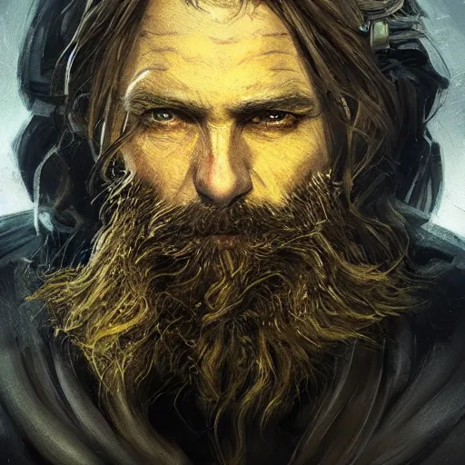 Prompt: portrait of a man by greg rutkowski, old jedi master nat skywalker, long messy hair, beard, wearing a yellow and black tactical gear, star wars expanded universe, highly detailed portrait, he is about 5 0 years old, digital painting, artstation, concept art, smooth, sharp foccus ilustration, artstation hq