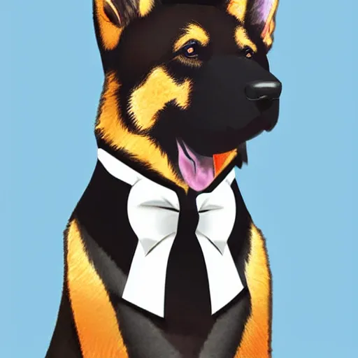 Image similar to german shepherd wearing a tuxedo with a red bow tie, digital art, highly detailed,