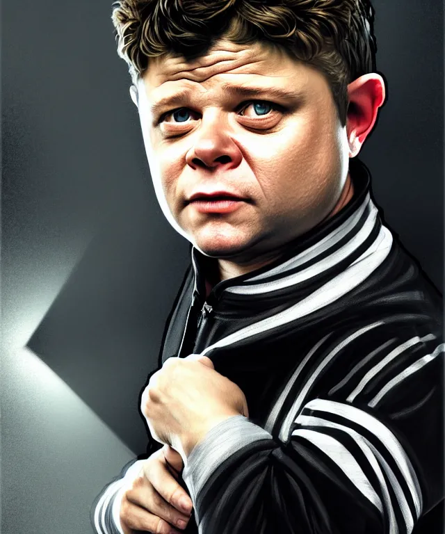 Image similar to a detailed fifty mm portrait of sean astin as a hobbit in a black adidas track suit with white stripes, headshot, highly detailed, digital painting, artstation, concept art, sharp focus, cinematic lighting, illustration, art by met mangindaan, artgerm and greg rutkowski, alphonse mucha, cgsociety