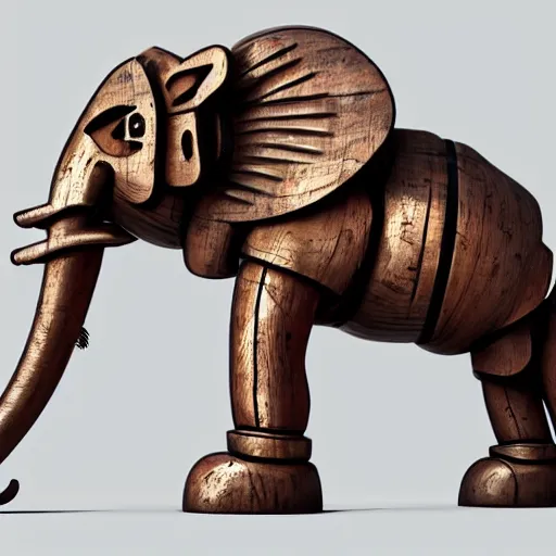 Prompt: mechanical elephant made of 5 tons of wood and steel, artstation