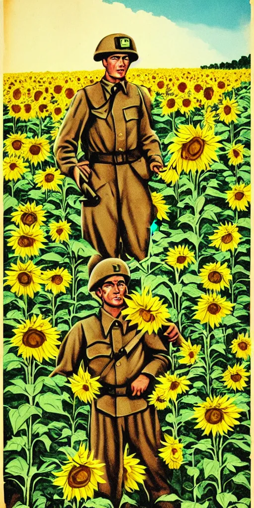 Image similar to Communist Propaganda Poster of a soldier in a sunflower field.