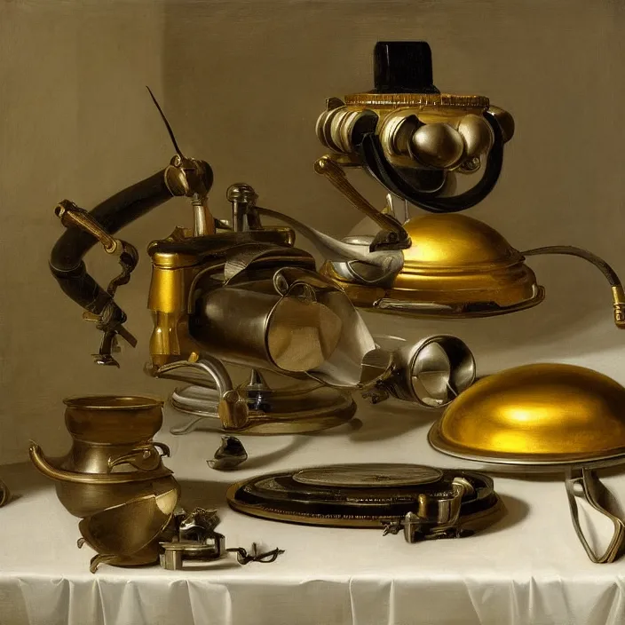 Image similar to still life painting of alien technology by pieter claesz, oil on canvas, strong lighting, highly detailed, hyper realism, golden hour, god rays, hd, 4 k