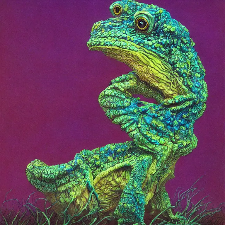 Image similar to Hyperrealistic intensely colored studio Photograph portrait of a deep sea bioluminescent Frilled Lizard Fish sitting in a lawn chair in its back yard, award-winning nature oil painting by Audubon and Zdzisław Beksiński vivid colors high contrast hyperrealism 8k