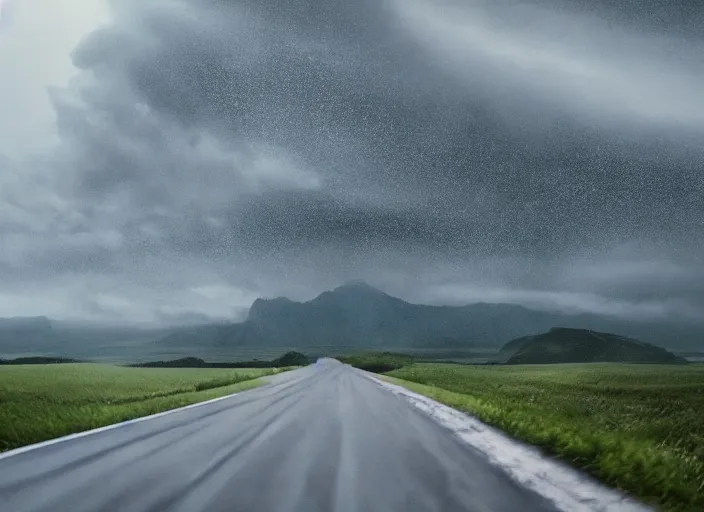 Image similar to A very high resolution image from a new movie, landscape, raining, hot, directed by wes anderson