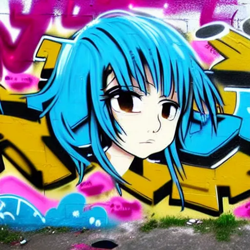 Image similar to graffiti on a wall, anime ,