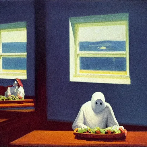 Prompt: A ghost in a land of blueberries by Edward Hopper