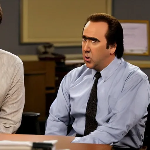 Prompt: a scene from the show the office, but played by nicolas cage only