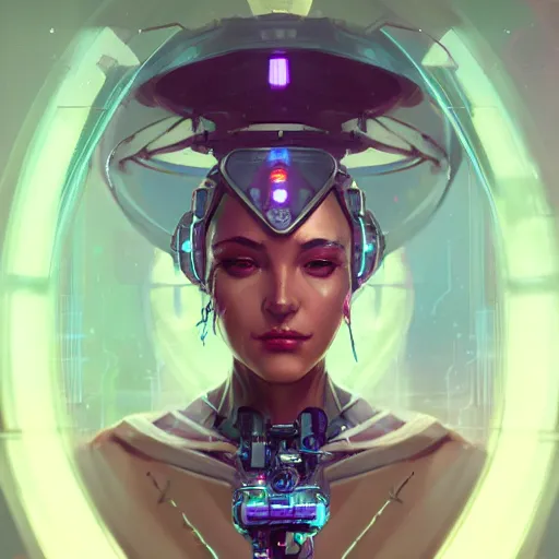 Prompt: a portrait of a beautiful cybernetic fortune teller, cyberpunk concept art by pete mohrbacher and wlop and artgerm and josan gonzales, digital art, highly detailed, intricate, sci-fi, sharp focus, Trending on Artstation HQ, deviantart, unreal engine 5, 4K UHD image