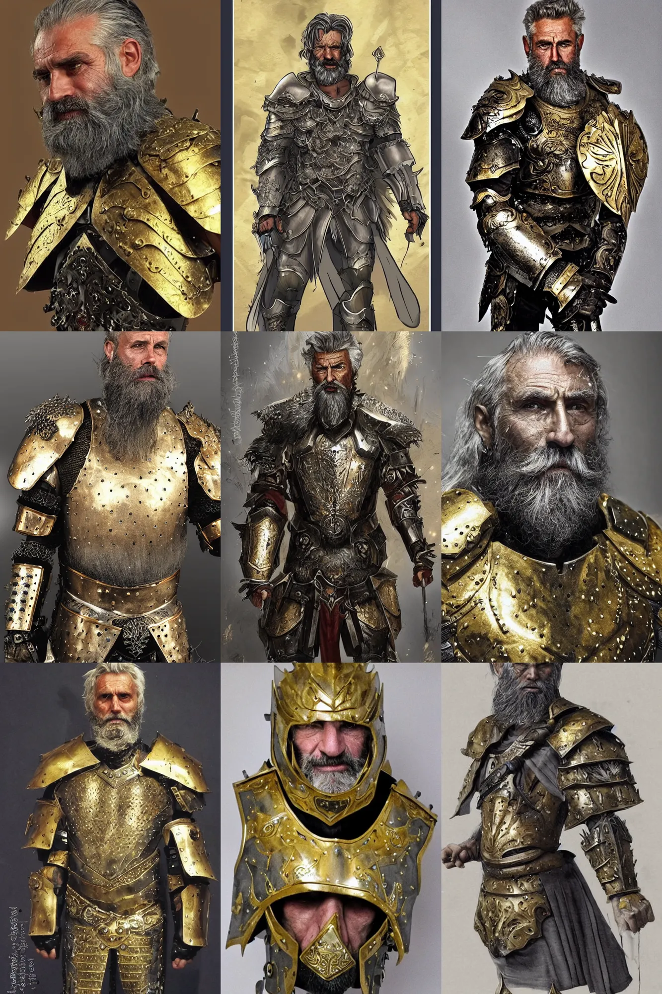 Prompt: old gigachad with grey beard, messy short hair, many scars, angry. wearing intricate gold armour. many different artstyles.