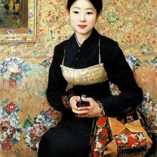 Image similar to portrait of asian beautiful woman talking smartphone masterpiece painting by vasnetsov and surikov, JEAN-VICTOR BERTIN, by Terence Cuneo, detailed, artfully traced, 4k resolution, cinematic, dramatic
