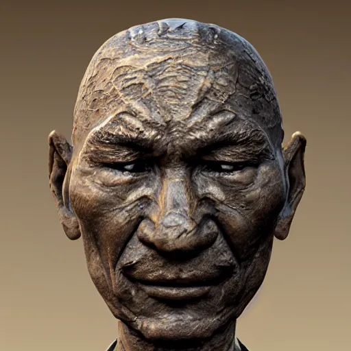 Image similar to photorealistic fossilised bronze sculpture face portrait of chinese uyghur muslim prisoner, wearing victorian rags, elite, disfigured, drooling, moist, unnatural movement, they are unhappy, bizzaro, renaissance, by emedios varo and anato finnstark and fenghua zhong and giacometti, hyperrealism, 8 k, 3 d, masterpiece, texture