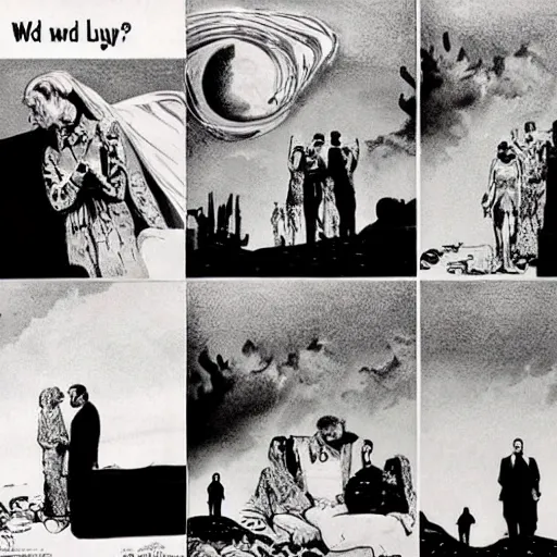 Prompt: i wouldn't marry you if you were the last man on earth!, apocalypse wedding, crying sad miserable unhappy bride, laughing groom, doomsday, radiation, nuclear holocaust by robert mcginnis and chesley bonestell