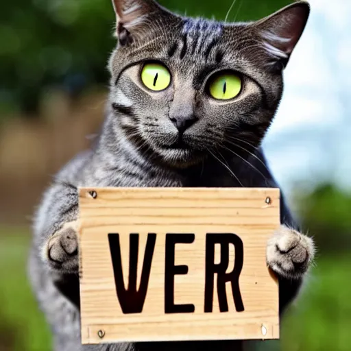 Prompt: A cat holding up a wooden sign saying I Like Nerds