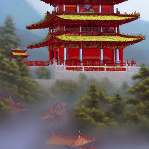 Image similar to A Chinese temple in the mountains, by Greg Rutkowsky and James Gurney, trending on Artstation