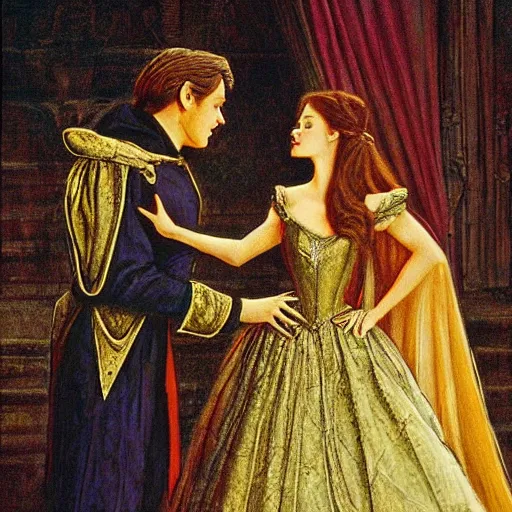 Image similar to realistic portrait charming beautiful painting from Cinderella film scene, when Cinderella become Bloody Mary dance with prince . Horror, created by Gustave Dore.