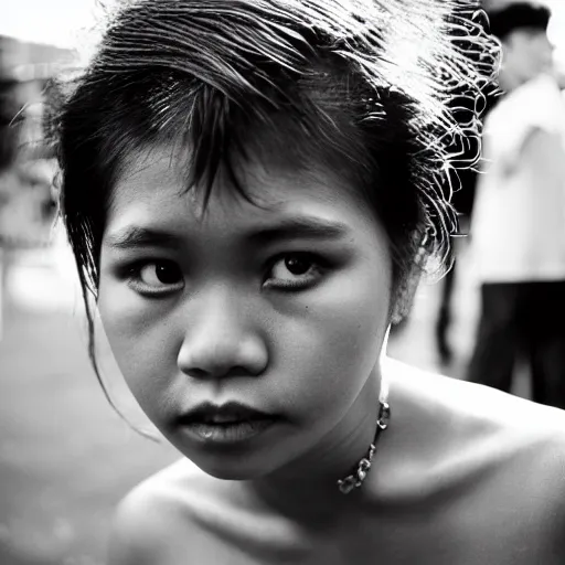 Image similar to A Filipino girl dressed as Morrissey, portrait, by Peter Lindbergh