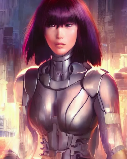 Image similar to weta disney pixar movie still portrait photo of motoko kusanagi ghost in the shell : : as cyborg woman by pixar : : by weta, wlop, ilya kuvshinov, rossdraws, artgerm, marvel, maxim cover, latex, octane render, sweaty, iridescent, bright morning, anime, liosh, mucha : :