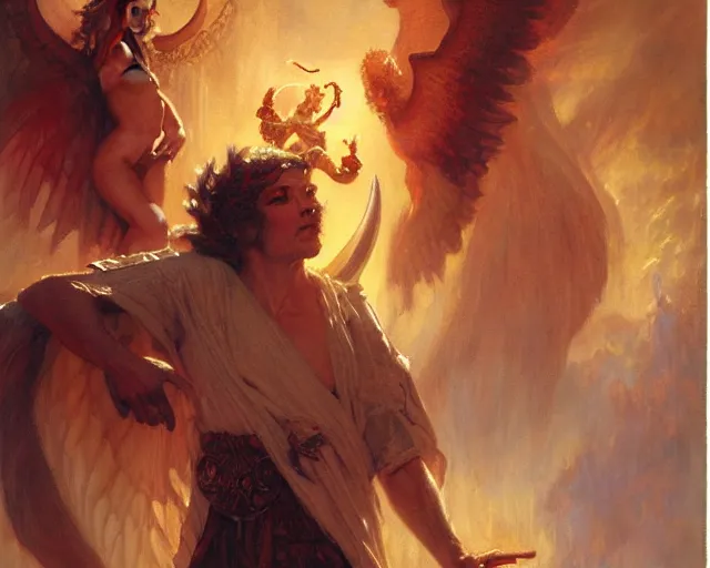 Image similar to attractive demonic male deity, casting magic, summoning handsome lucifer morning star. highly detailed painting by gaston bussiere, craig mullins, j. c. leyendecker 8 k