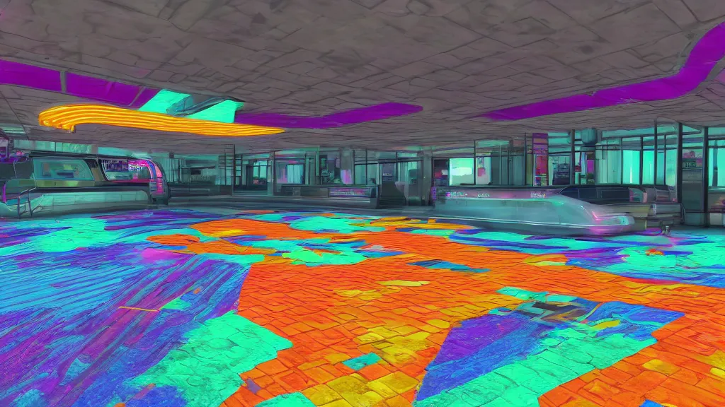 Image similar to vaporwave inferable train floor in a bright lobby, iso 2 0 0