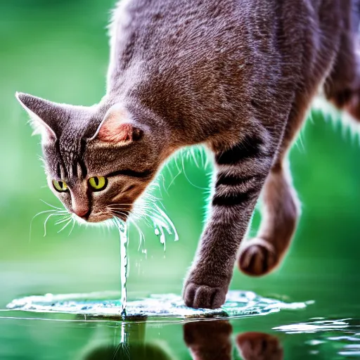 Prompt: Cat with wings drinking from a pond, digital artstyle, trending on fiverr, 40nm lens, shallow depth of field, split lighting, 4k,