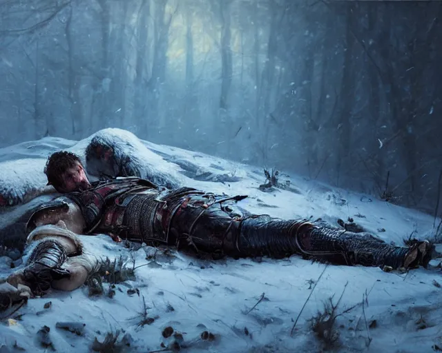 Image similar to Highly realistic oil painting of a wounded knight lying in the snow, surrounded by blue flowers, blood on flowers, by greg rutkowski, highly detailed, cinematic lighting, moody, dark