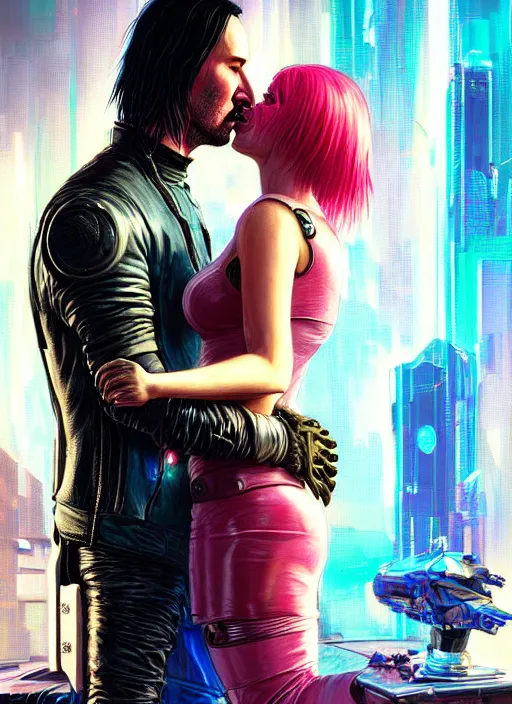 Image similar to a cyberpunk 2077 couple portrait of Keanu Reeves & female android in final kiss,love,film lighting,by Laurie Greasley,Lawrence Alma-Tadema,Dan Mumford,artstation,deviantart,FAN ART,full of color,Digital painting,face enhance,highly detailed,8K,octane,golden ratio,cinematic lighting