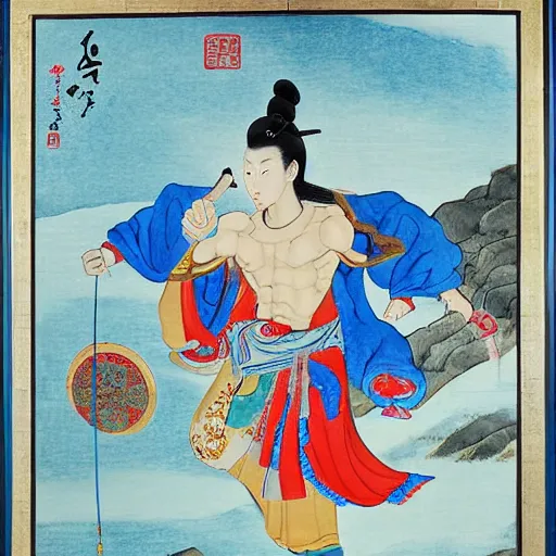 Image similar to muscular genie with blue skin covered in oil in Style of korean traditional folktale painting by Shin Yun-bok; Sin Yun-bok ; 8k resolution