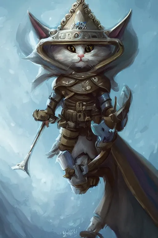 Image similar to cute little anthropomorphic cat knight wearing a cape and a crown, tiny, small, miniature cat , baby animal, short, pale blue armor, cute and adorable, pretty, beautiful, DnD character art portrait, matte fantasy painting, DeviantArt Artstation, by Jason Felix by Steve Argyle by Tyler Jacobson by Peter Mohrbacher, cinematic lighting