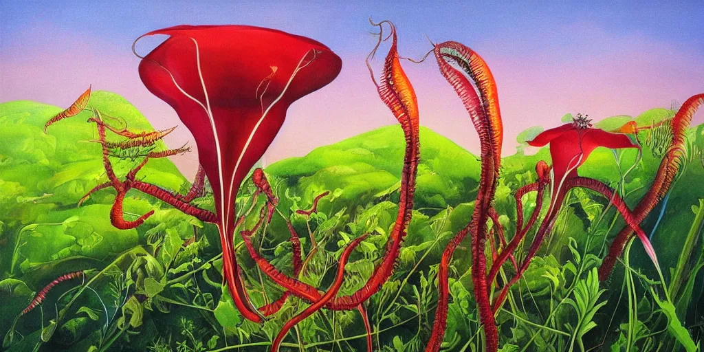 Prompt: surreal painting of a carnibora plant in a beautiful landscape