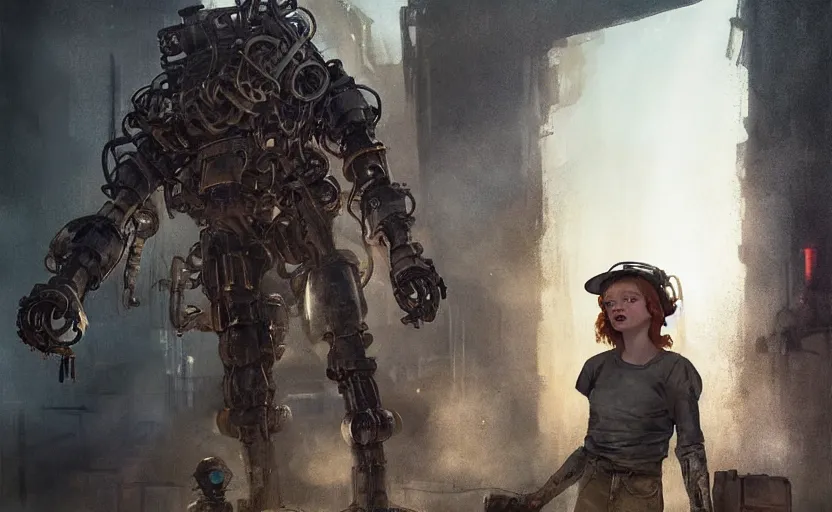 Image similar to machine monster grabs sadie sink dressed as a miner : concept art for a scifi cyberpunk film. by greg rutkowski, john j. park, jason chan, feng zhu, gintas galvanauskas, gustave courbet, edward hopper. sharp focus, cinematic atmosphere, detailed and intricate environment, perfect hand anatomy, realistic eyes