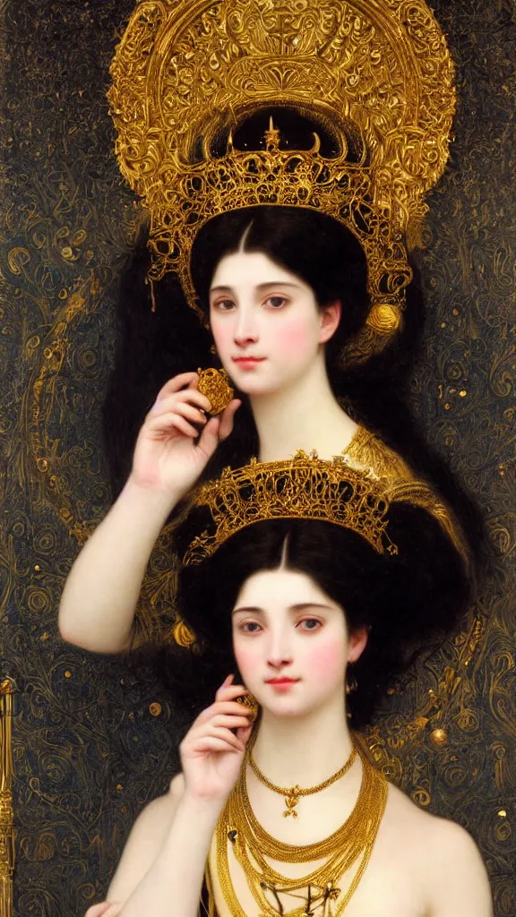 Image similar to painting portrait of a beautiful black haired woman with pale skin and a crown on her head sitted on an intricate metal throne, intricate, elegant, digital painting, smooth, sharp focus, shiny gold, realistic gold, realistic metal, by william - adolphe bouguereau and gustav klimt,