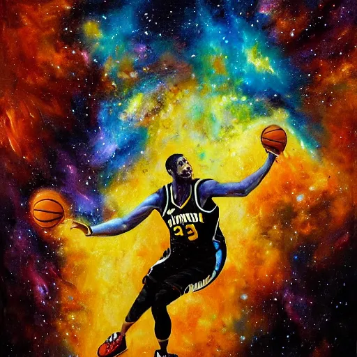 Image similar to an expressive oil painting of a basketball player dunking, depicted as an explosion of a nebula