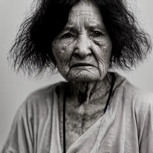 Image similar to an amazing award winning portrait photo of a old woman with black long hair, cinematic masterpiece