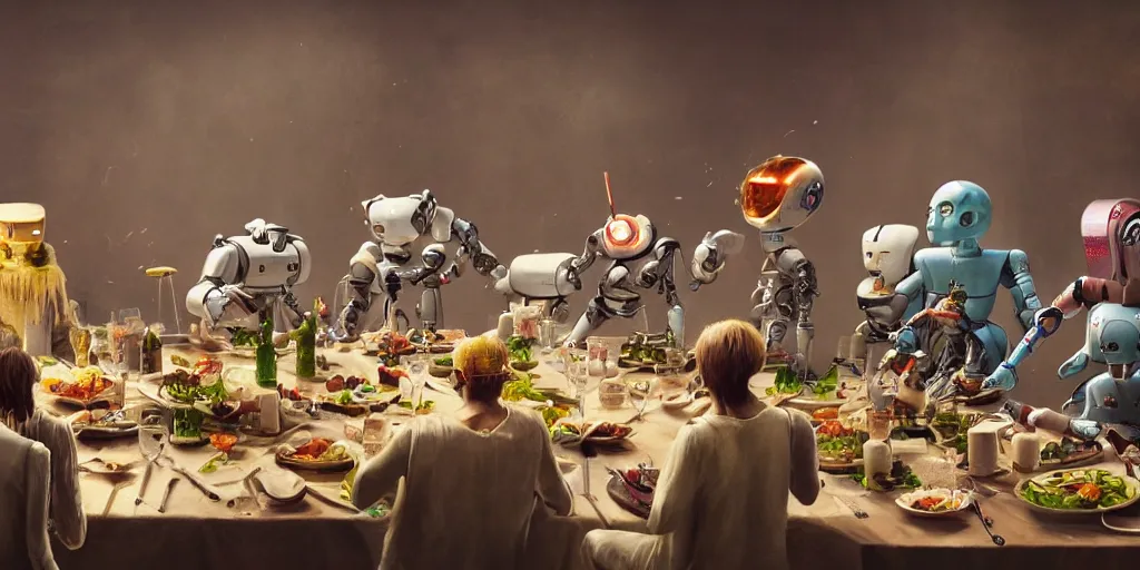 Image similar to a table dinner of robots where robots are dressed like the characters from the midsommar movie, cinematic, hyperdetailed, octane render, trending on art station, ultrarealistic