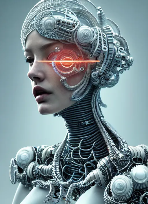 Image similar to portrait of an absurdly beautiful, graceful, sophisticated, fashionable cyberpunk mechanoid, hyperdetailed illustration by irakli nadar and alexandre ferra, intricate linework, white porcelain skin, faberge, coral headdress, unreal engine 5 highly rendered, global illumination, radiant light, detailed and intricate environment