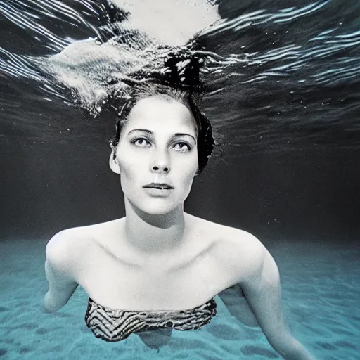 Prompt: underwater photography full portrait of a young beautiful woman swimming by terry o'neill